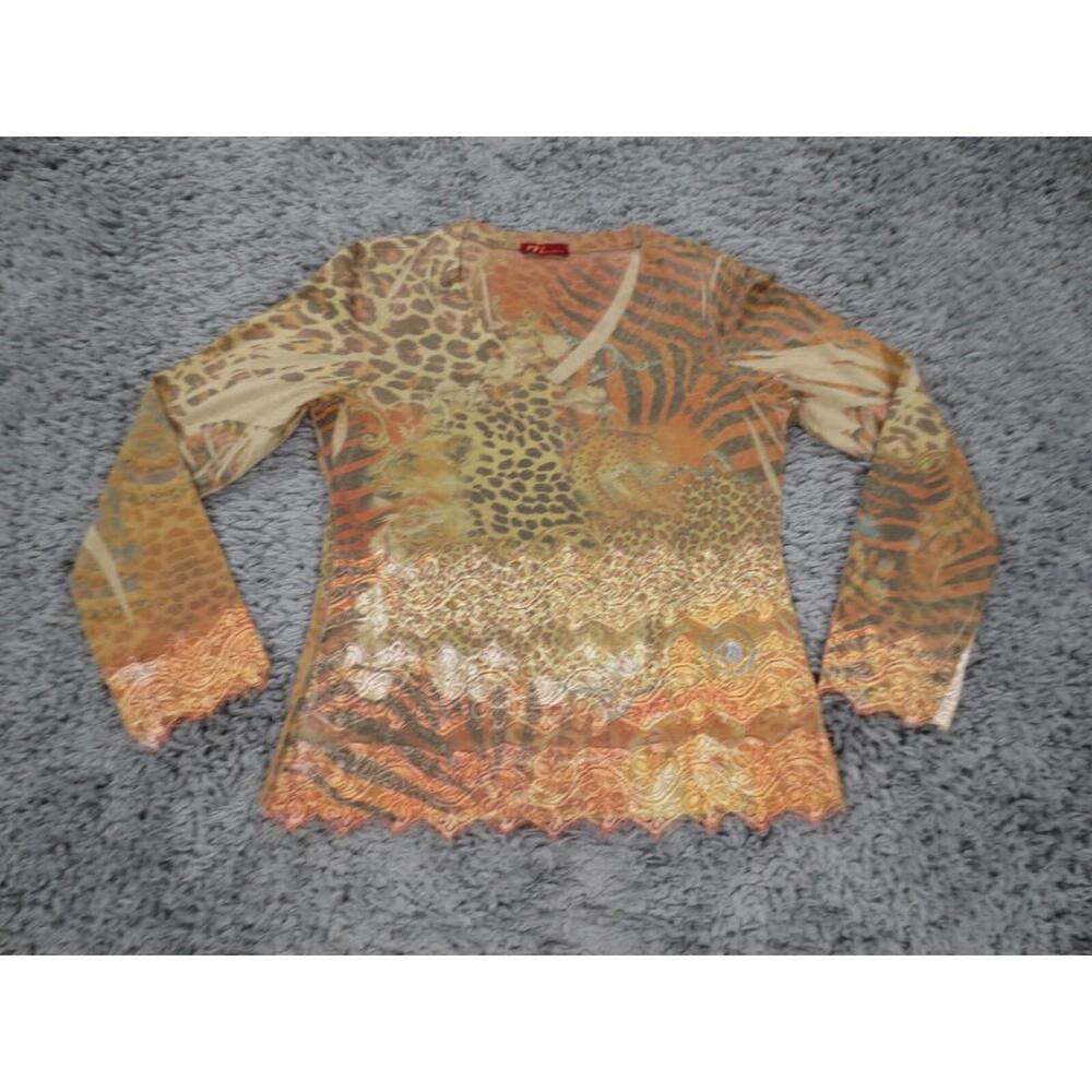 M By Amour Top Womens Medium Green Leopard Print Stretch Knit Lace Trim V-Neck